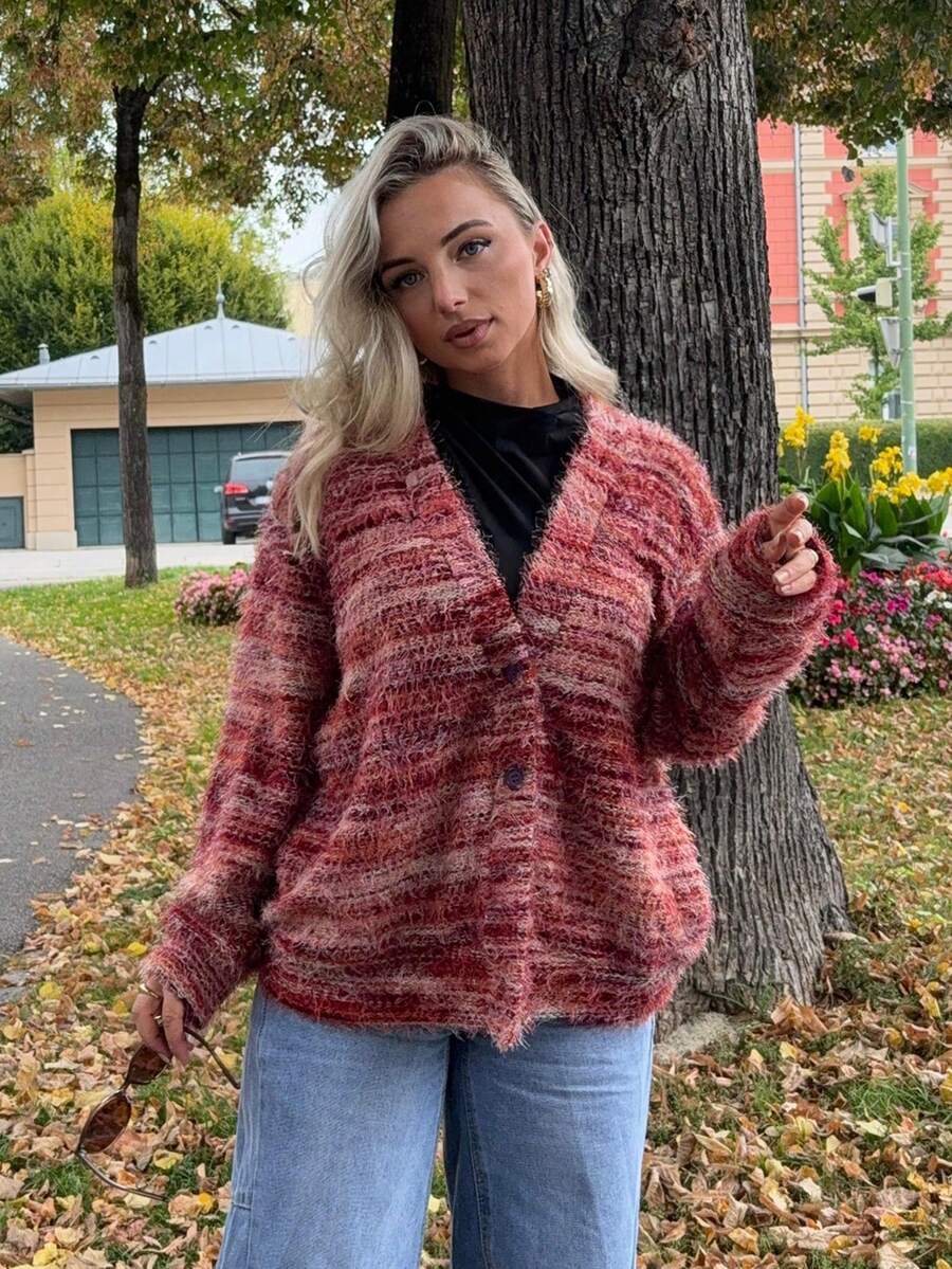 Jeta Ari Oversized Textured Cardigan Spring Casual Y2k 90's Stripe Oversized Airport Fall Back To School Autumn Winter Everyday Office Christmas - Multicolor - View 1