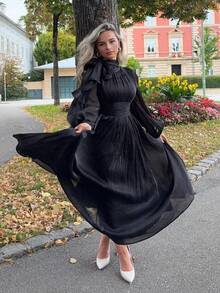 Jeta Ari Robe longue pour femmes avec plis à la taille, brillante et élégante, polyvalente pour le printemps et l'automne - Noir - Voir 6