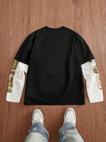 SWAVVY Men's Casual Commuting Fashion Street Contrast Stripe Print 2 In 1 Long Sleeve T-Shirt, Spring/Autumn,Streetwear