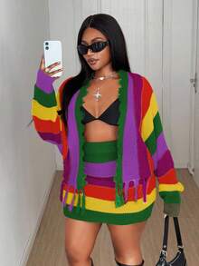 Maweii Plus Size Women Striped Colorful Tassel Cardigan & Mini Skirt 2 Pieces Set - Green - View 5
