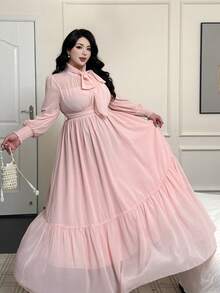 Flirla Váy voan tay đèn lồng nhẹ nhàng, kiểu Pháp ngọt ngào thanh lịch mới, váy ôm eo, váy cưới cho nữ - Hồng - Xem 3