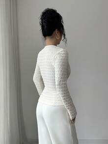 Rafferiza 女士优雅杏色泡泡雪纺针织柔软韩版休闲百搭修身圆领上衣 - 杏色 - 查看 2