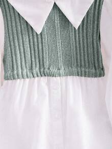 Blusa casual escolar 2 em 1 com bloco de cores e manga comprida e gola Peter Pan para meninas pré-adolescentes - Verde - Ver 3