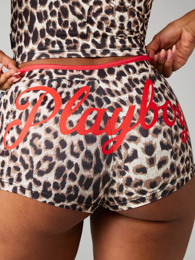 Missguided x Playboy レオパード柄キャミソールとショーツセット、コントラストトリミング付き
