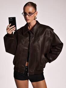 SHEIN BAE Women's Fashionable Brown Jacket For Commuting, Autumn,Fall,Fall Clothes For Women - Coffee Brown - View 8