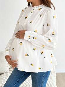 SHEIN Nursing Raglan Long Sleeve Ruched Stand Collar Sunflower All-Over Print Ruffle Hem Top