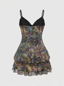 ROMWE Women's Retro Hippie Vintage Ruffle Ribbon Lace Paisley Print Mini Dress - Yellow - View 4
