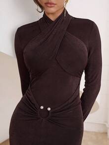 Modelyn Women's Elegant Solid Color Dress For Commuting - Mocha Brown - View 6
