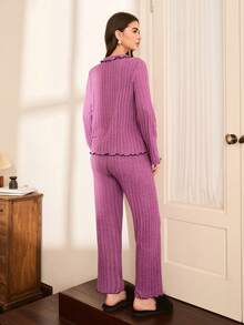 Moireta 女士休闲舒适宽松领半扣抓绒上衣和裤子睡衣套装，冬季保暖舒适 - 藕粉色 - 查看 2