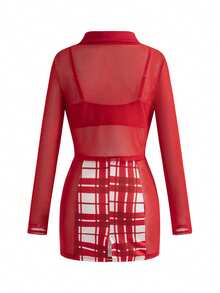 Bộ trang phục áo lưới tay dài, áo hai dây ngắn và váy ôm sát kẻ caro mini cho nữ, dành cho dịp Giáng sinh - Đỏ và trắng - Xem 2