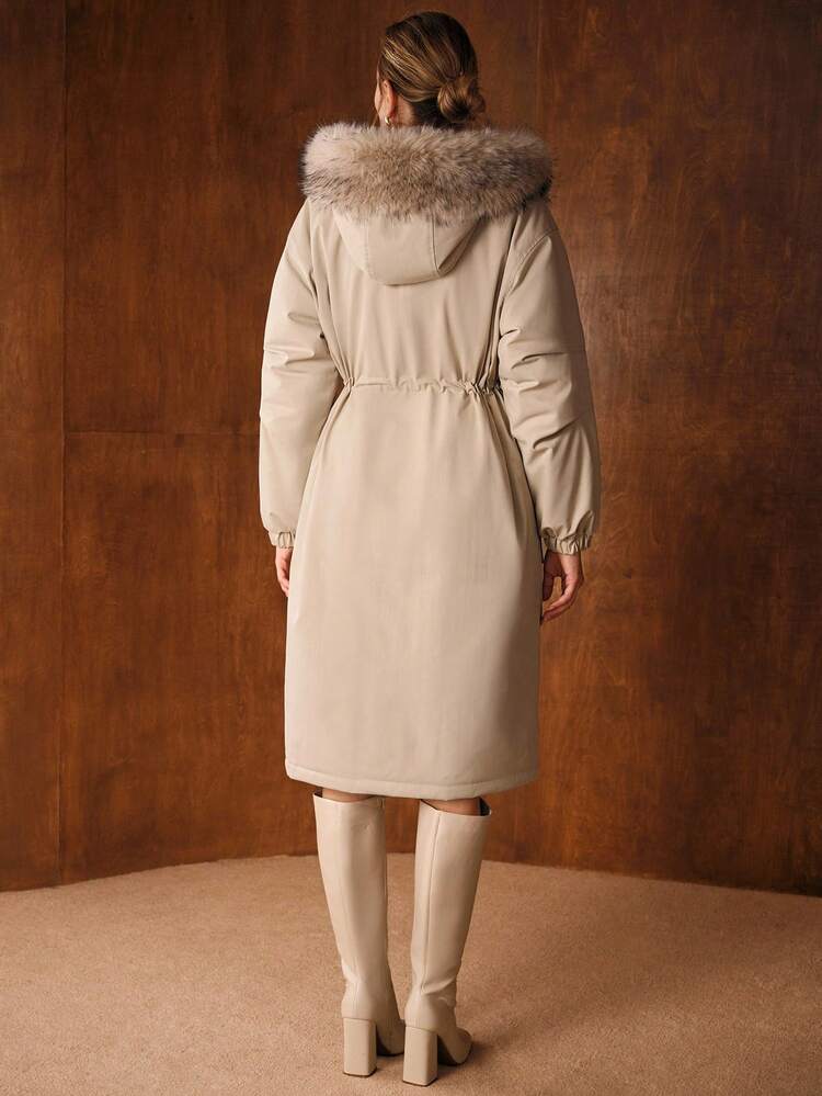 CASUAL DRAWSTRING WAIST FURRY TRIM HOODED WINTER COAT, AUTUMN/WINTER