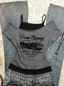 Attitoon Women's Casual Vintage Color-Block 2 In 1 Short Sleeve T-Shirt With Vintage Vehicle Graphic, Y2K Style, Streetwear, Vintage, Back To School, Retro, Fall, Vacation, Casual, Autumn And Winter, Hip-Hop, Core Aesthetic Style, Gothic, Cybersigilism, Gyaru - Multicolor - View 5