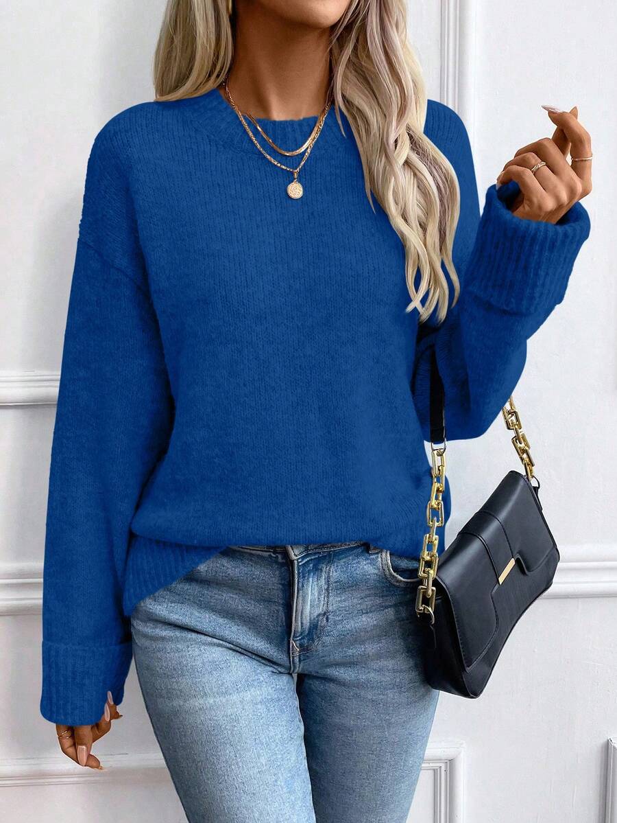 SHEIN LUNE Suéter holgado de cuello redondo con hombros caídos y puños acanalados para mujer - azul real - Ver 1