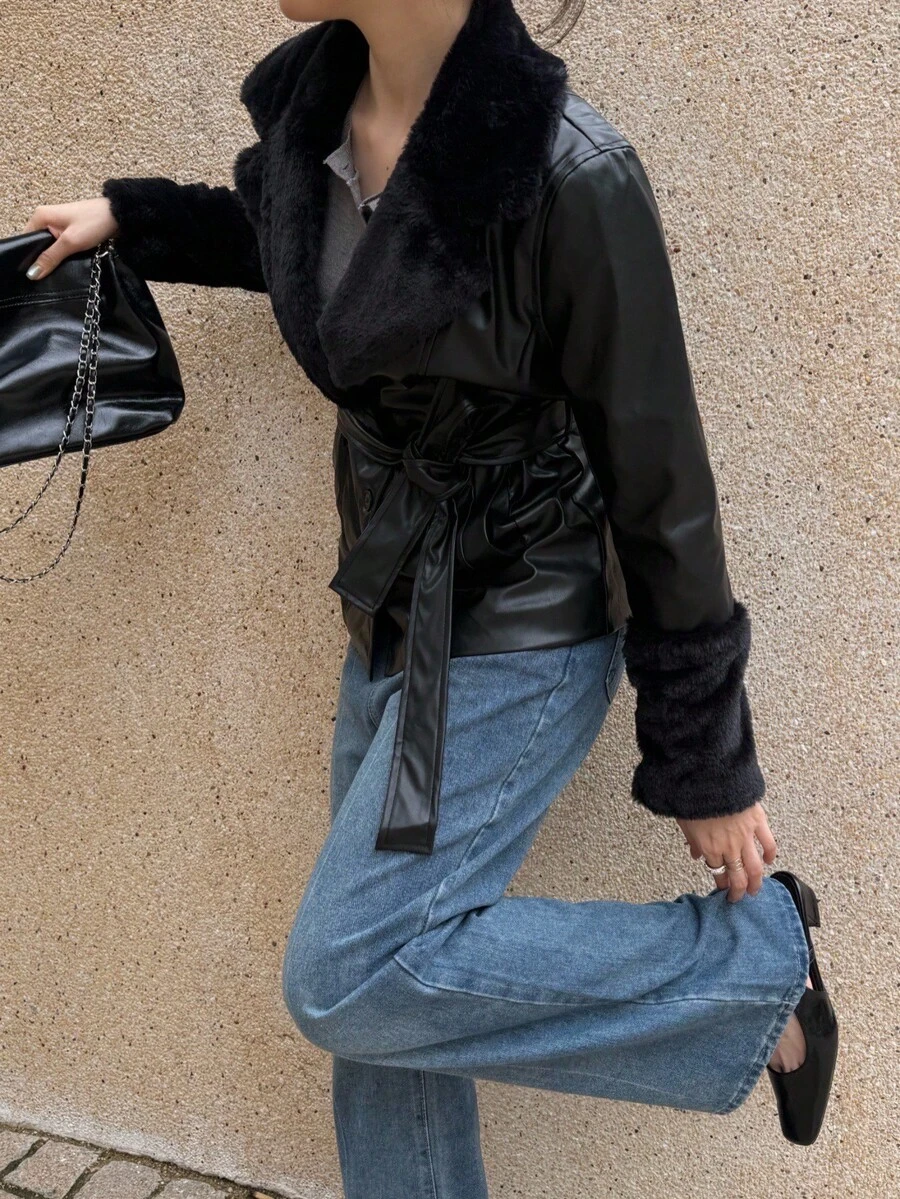 K-Vae Chaqueta casual de manga larga de unicolor con parches de PU, cintura con cordón