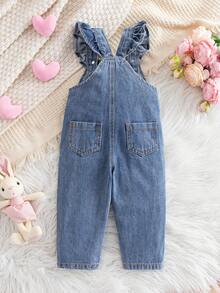 SHEIN 女婴粉色心形刺绣蓝色牛仔连体裤 - 深色水洗藍 - 查看 2