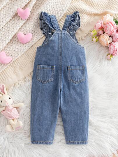 SHEIN Baby Girls' Y2K Pink Heart Embroidered Blue Denim Jumpsuit,Fall Clothes,Winter Clothing ,Casual And Fashionable Vacation Outfits,2000s Style ,Halloween Denim Jeans ,Christmas ,Cute Denim Jumpsuit.