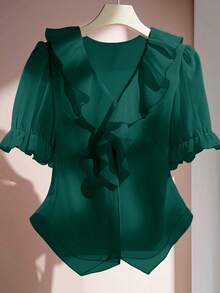 SHEIN Clasi Blusa elegante de unicolor con volantes en el bajo, talla grande, para verano