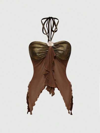 Fairycore Camiseta de mujer con bajo asimétrico y decoración de conchas marinas de verano