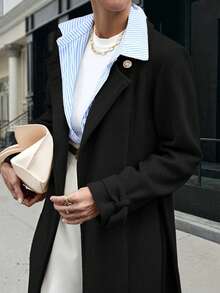EURMUSE Women Oversize Pocket Long Sleeve Neck Button Maxi Long Elegant Overcoat - Black - View 6