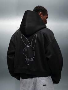PLAYBOY X SUMWON Boxy Fit Essentials Zip Up Hoodie With Centre Pocket And Drawstring - Black - View 1