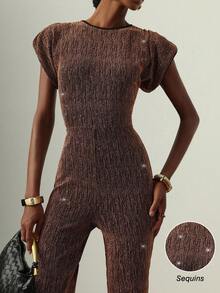 Vesra Mono ajustado sin mangas de unicolor con lentejuelas en la cintura y hombros para mujer, nuevo y de moda para otoño/invierno