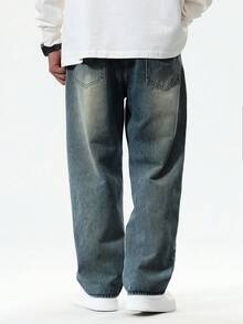 Chillumni 男士休闲做旧宽松斜口袋牛仔裤，秋季 - 中等水洗藍 - 查看 2