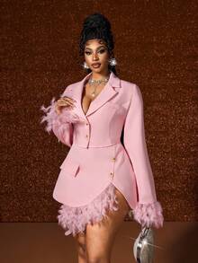 Maweii 2pcs/Set Fashionable Pink Plush Blazer Jacket Paired With Blazer Skirt - Pink - View 5