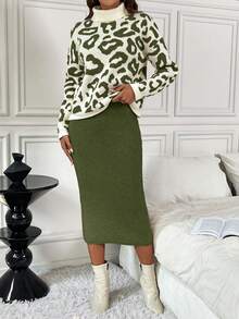 SHEIN LUNE Set de 2 piezas de suéter elegante de punto ajustado con estampado de leopardo - Verde - Ver 5