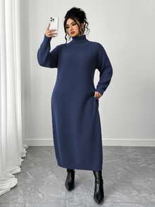 SHEIN Tall CURVE 大码休闲高领插肩袖毛衣裙 - 藍色 - 查看 4
