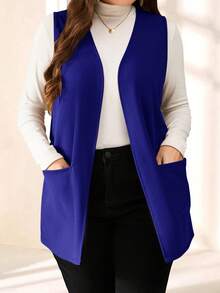 EMERY ROSE Chaqueta casual suelta de unicolor sin mangas con bolsillo, talla grande, para primavera/verano, vacaciones, uso diario/invierno - azul real - Ver 5