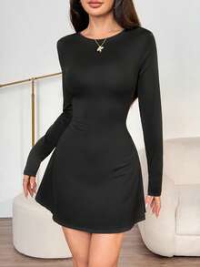 SHEIN PETITE 女士修身长袖高领迷你连衣裙，荷叶边下摆，咖啡色，适合秋冬季叠穿、约会或通勤，优雅的卡其裙、伞裙、办公室工作服、秋季内搭、夏季连衣裙、下午茶连衣裙、女士优雅连衣裙 - 黑色 - 查看 8