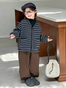 DAZY 小男孩条纹落肩长袖单排扣夹克和裤子休闲套装，秋冬 - 深灰色 - 查看 6