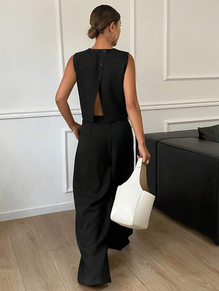 2pcs/Set Women Solid Color Round Neck Backless Cropped Tank Top And Wide Leg Pants, Elegant Summer Outfit Lounge Sets For Women