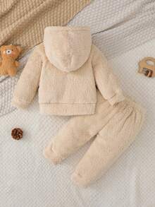 SHEIN Vintaside Kids 2pcs Pink Double-Sided Fleece Cute Bear Embroidered Set