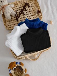 SHEIN 3pcs/Set Infant Boys' Casual All-Match Turtleneck Ribbed Texture Long Sleeve Bodysuit, Autumn/Winter - Multicolor - View 5