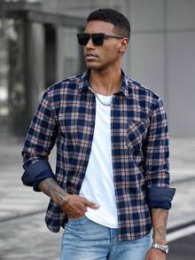 Manfinity CasualCool Men's Plaid Print Button Front Pocket Long Sleeve Shirt Flannels For Men Men Shirts Plaid Checkered Shirt Men Men Casual Long Sleeve Shirts Men Street Wear Shirt