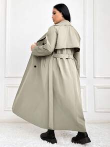 SHEIN EZwear 大码女式纯色翻领长袖双排扣长款休闲风衣夹克，秋季 - 卡其色 - 查看 2