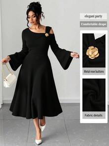 Auvina فستان حفلات أنيق ماكسي للمرأة ذات الحجم الكبير، بتصميم أكتاف غير متماثل، أكمام واسعة مكسرة، وتطريز كشكش، من قماش محبوك متماسك اللون - الأسود - مشاهدة 1