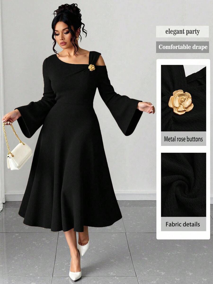 Auvina فستان حفلات أنيق ماكسي للمرأة ذات الحجم الكبير، بتصميم أكتاف غير متماثل، أكمام واسعة مكسرة، وتطريز كشكش، من قماش محبوك متماسك اللون - الأسود - مشاهدة 1