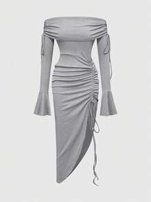 ROMWE Millennium Vintage Off-Shoulder High Slit Sexy Bodycon Dress - Grey - View 1