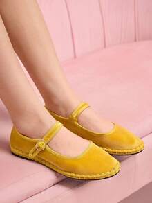 CUCCOO DOLLMOD Damen elegante goldgelbe Samt-Mary-Jane-Ballerinas, klassisch und bequem