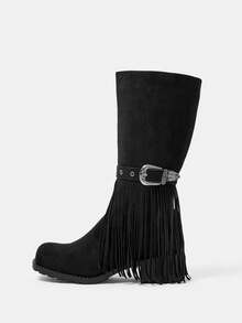 Styleloop Women's Geometric Tassel, Rivet Decor Square Toe Tall Boots - Black - View 2