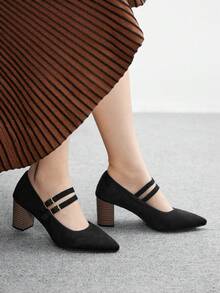 CUCCOO BIZCHIC 女士时尚黑色尖头木纹粗跟玛丽珍高跟鞋，适合通勤、约会、派对、度假、购物 - 黑色 - 查看 5