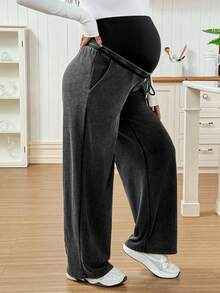 SHEIN 可调节腰部抽绳宽松阔腿裤，带口袋，休闲孕妇装，适合日常通勤 - 深灰色 - 查看 3