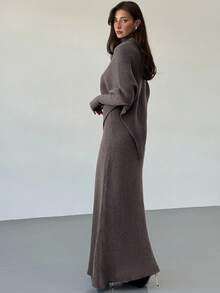 Aloruh 紫色针织两件套 新款冬季加厚女式毛衣裙宽松两件套 - 咖啡棕 - 查看 2