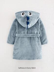 Cozy Pixies 毛绒加厚幼儿童男童连帽长袖前开式恐龙角图案浴袍恐龙衣服男童恐龙衣服 - 霧霾藍 - 查看 5