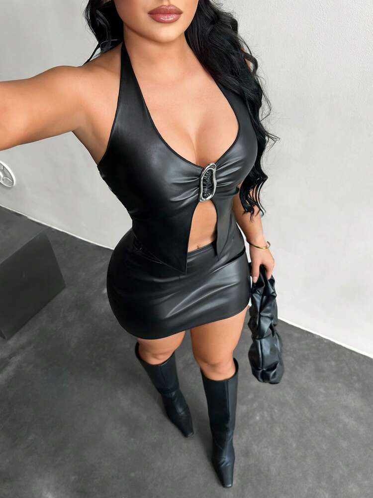 SHEIN SXY Y2K PU Leather Halter Top & Mini Skirt Set, Club Dress Black ,Club Dress Sexy ,Black Sexy Outfit, Faux Leather Dress, Black Leather Dress - Black - View 1