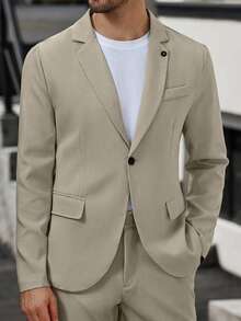 Manfinity Mode 男士纯色翻领长袖西装外套和裤子，休闲西装套装男士米色西装米色西装男士奶油色西装男士男士卡其色西装男士夏季西装。送给男朋友或丈夫的绝佳礼物。 - 米色 - 查看 8