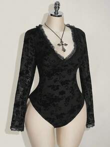 SHEIN ICON Plus Size Women V-Neck Flocked Mesh Long Sleeve Bodysuit - Black - View 3