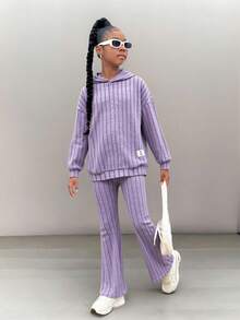 SHEIN Bộ áo nỉ có mũ trùm đầu dệt kim và quần ống loe thường ngày cho bé gái tuổi mới lớn, trang phục mùa đông - Màu tím - Xem 6